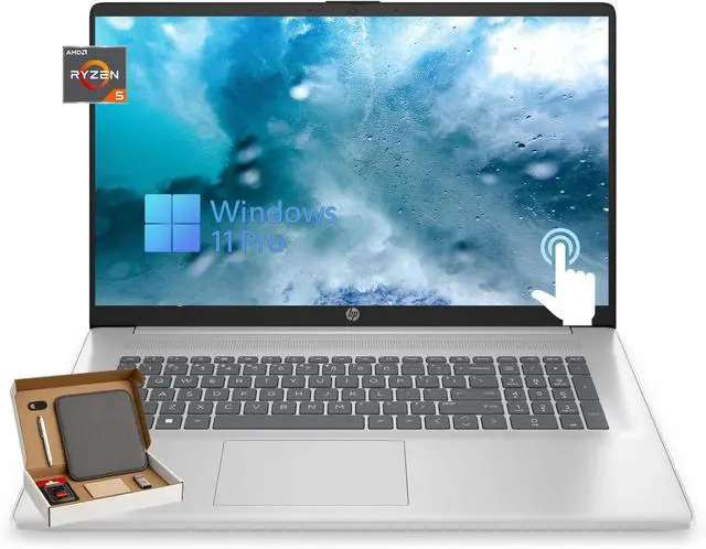 Main image of HP 17 inch Touchscreen Business Laptop, 17.3" HD+ Anti-Glare, AMD Ryzen 5 7530U, 16GB RAM, 512GB SSD, AMD Radeon GPU, Webcam, Wi-Fi 6, Windows 11 Pro