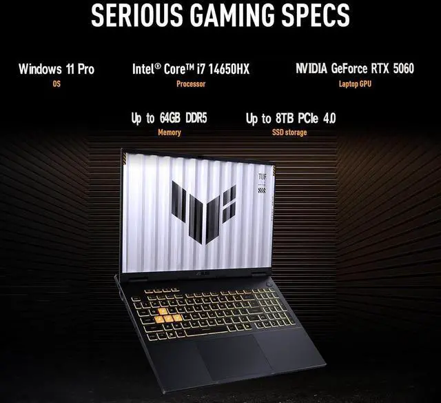 Alt view image 3 of 7 - ASUS TUF F16 Gaming Laptop, Intel Core i7-14650HX(16 Cores), NVIDIA GeForce RTX 5060, 32GB DDR5, 1TB SSD, 16" FHD+ 165Hz IPS Display, Dolby Atmos, Wi-Fi 6E, Windows 11 Pro