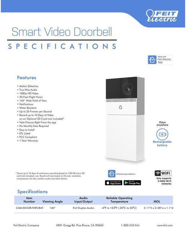 feit electric plastic wired smart video doorbell