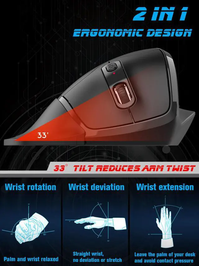 Alt view image 4 of 7 - Newtral 2.4GHz Wireless 33° Vertical Ergonomic Computer Mouse, Adjustable DPI, 6 Buttons, USB - Right hand, Large size