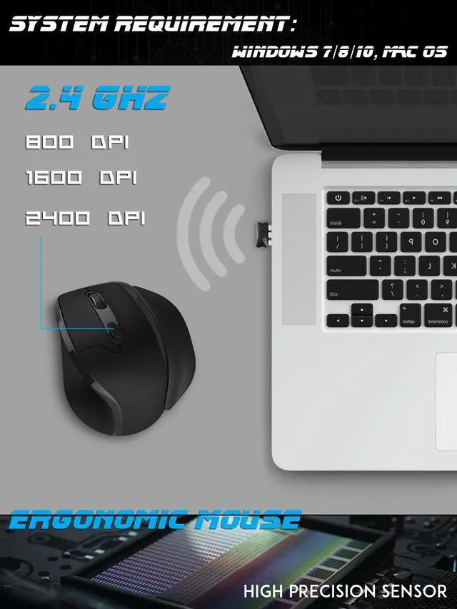 Alt view image 3 of 7 - Newtral 2.4GHz Wireless 33° Vertical Ergonomic Computer Mouse, Adjustable DPI, 6 Buttons, USB - Right hand, Large size
