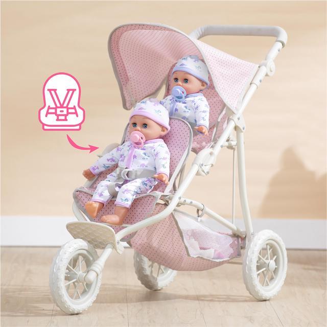 Olivia's Little World - Polka Dots Princess Baby Doll Twin Jogging  Stroller, Foldable Double Stroller with Storage Basket and Safety Lock,  Pink/Gray 