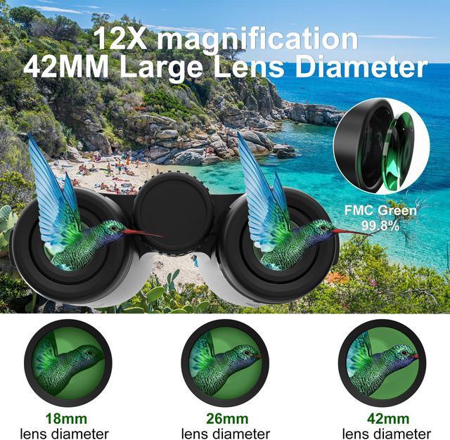 Alt view image 5 of 6 - FULLJA 12x42 HD Compact Binoculars for Adults, High Power Easy Focus Binoculars with Clear BAK4 Prism FMC Lens Low Light Vision, Binoculars Waterproof for Travel, Bird Watching, Hunting Outdoor Sports