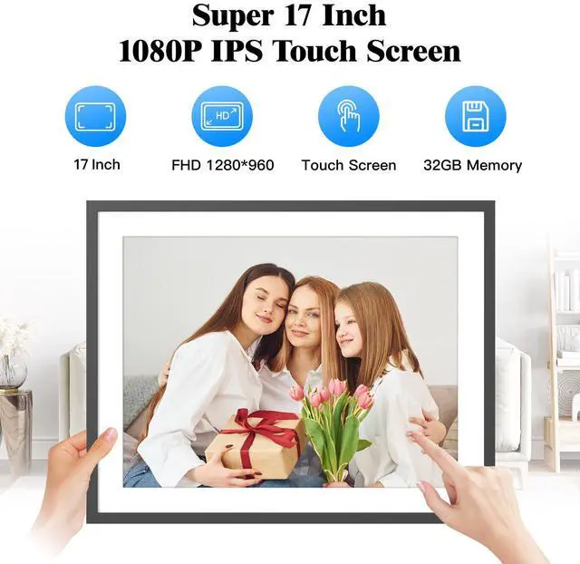 Alt view image 3 of 6 - FULLJA WIFI Digital Photo Frame 17 Inch,Touch Screen Display, 32GB Storage Auto-Rotate Easy Share Photos or Videos via Vphoto Free App from Anywhere Best Gift for parents