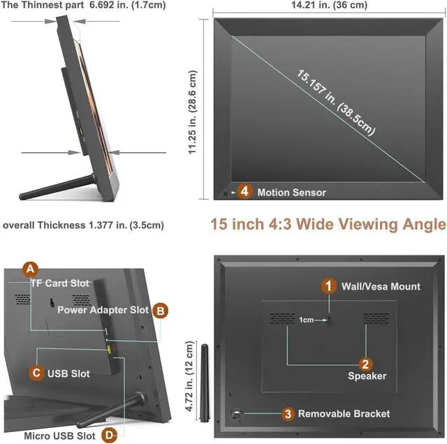 Alt view image 5 of 6 - FULLJA Wi-Fi Large Digital Picture Frame 15 Inch, Smart WiFi Digital Photo Frames, HD Touch Screen, 16GB Memory, Share Photos and Videos Via App or Email, Unlimited Cloud Storage, Wall Mountable