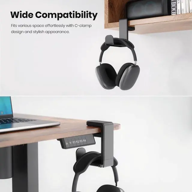 Alt view image 3 of 7 - PC Gaming Headset Headphone Hook Holder Hanger Mount, Headphones Stand with Adjustable &Rotating Arm Clamp, Under Desk Design, Universal Fit, Built in Cable Clip Organizer EURPMASK
