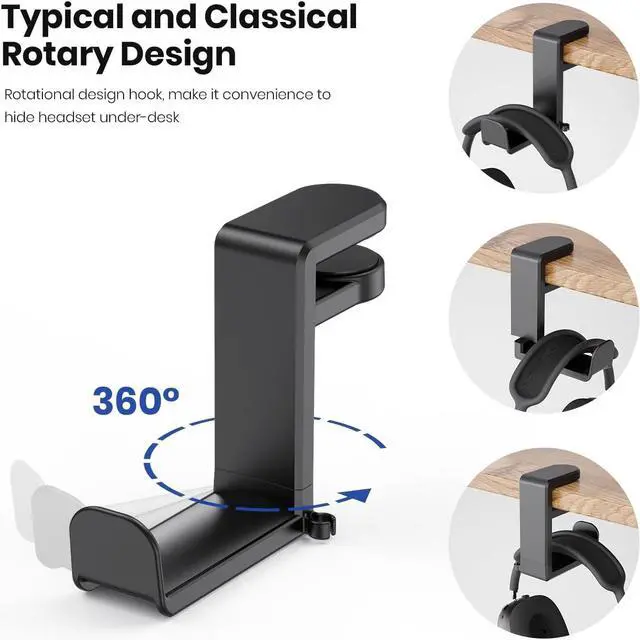 Alt view image 4 of 7 - PC Gaming Headset Headphone Hook Holder Hanger Mount, Headphones Stand with Adjustable &Rotating Arm Clamp, Under Desk Design, Universal Fit, Built in Cable Clip Organizer EURPMASK