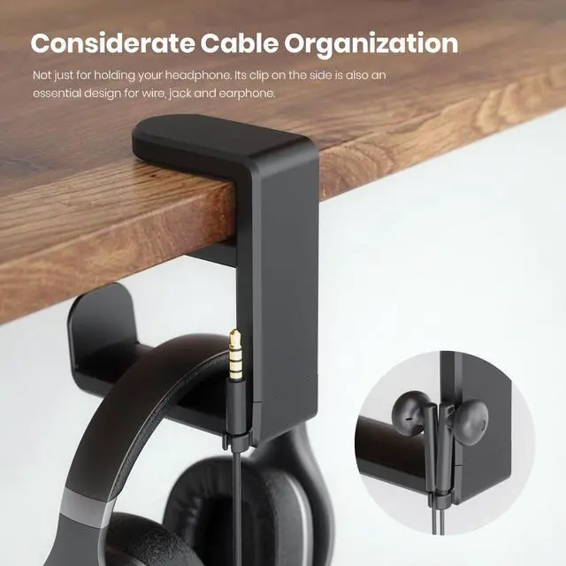 Alt view image 6 of 7 - PC Gaming Headset Headphone Hook Holder Hanger Mount, Headphones Stand with Adjustable &Rotating Arm Clamp, Under Desk Design, Universal Fit, Built in Cable Clip Organizer EURPMASK