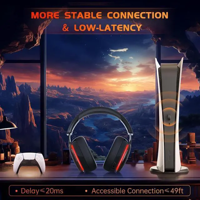 Alt view image 2 of 7 - Wireless Gaming Headset for PS5, PC, PS4, Mac, Nintendo Switch, Gaming Headphones with Microphone, Bluetooth 5.2 Gaming Headset, Stereo Sound, Red Light, 3.5mm Wired Mode for Xbox Series -Black