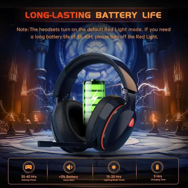 Alt view image 6 of 7 - Wireless Gaming Headset for PS5, PC, PS4, Mac, Nintendo Switch, Gaming Headphones with Microphone, Bluetooth 5.2 Gaming Headset, Stereo Sound, Red Light, 3.5mm Wired Mode for Xbox Series -Black