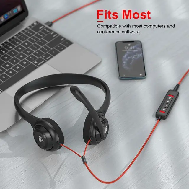 Alt view image 4 of 7 - HW02 USB Computer Headset with Clear Chat Microphone, Lightweight On-Ear Wired Headset for MS Teams, Skype, Webinars, Call Center and More (Black)