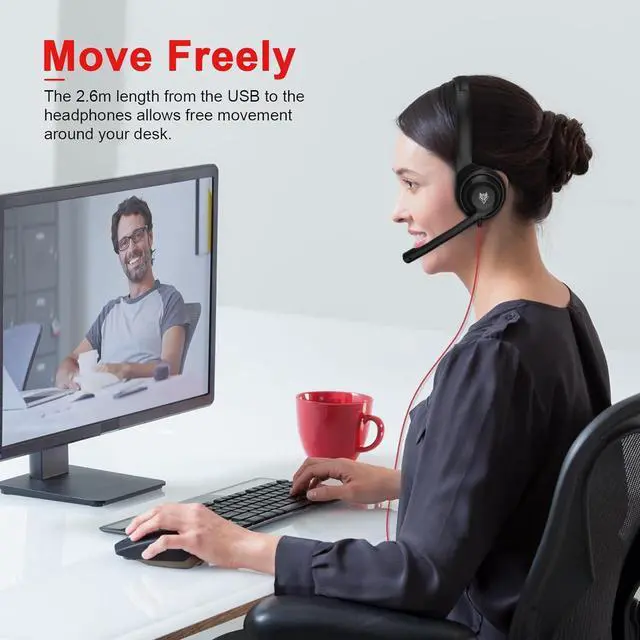 Alt view image 6 of 7 - HW02 USB Computer Headset with Clear Chat Microphone, Lightweight On-Ear Wired Headset for MS Teams, Skype, Webinars, Call Center and More (Black)