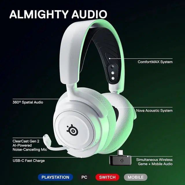 Alt view image 2 of 5 - Arctis Nova 7X Wireless Multi-System Gaming &Mobile Headset - Nova Acoustic System - 2.4GHz + Bluetooth - 38Hr Battery - USB-C - ClearCast Gen2 Mic - Xbox Series X|S, PC, PS5, Switch - White