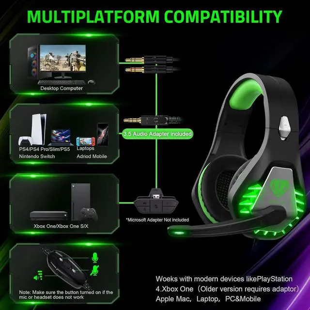 Alt view image 4 of 6 - Pacrate Gaming Headset with Microphone for Switch PC PS4 PS5 Xbox One Noise Cancelling Gaming Headphones with LED Lights for Kids Adults Black Green