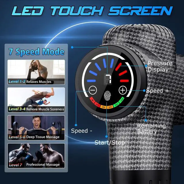 Alt view image 2 of 7 - Massage Gun, Upgrade Deep Tissue Back Massager with 9 Replacement Heads, Percussion Massage Guns for Athletes for Pain Relief, Super Quiet Electric Massager for Treatment, Relax, Carbon