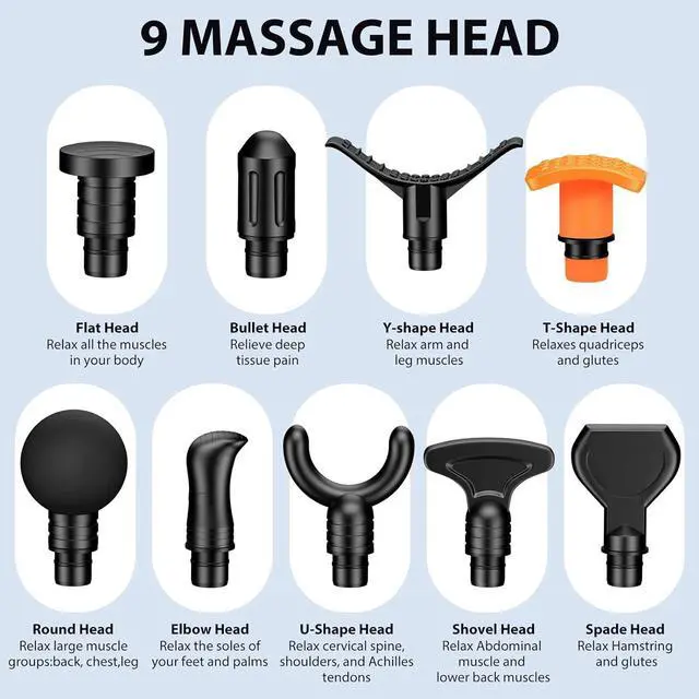 Alt view image 5 of 7 - Massage Gun, Upgrade Deep Tissue Back Massager with 9 Replacement Heads, Percussion Massage Guns for Athletes for Pain Relief, Super Quiet Electric Massager for Treatment, Relax, Carbon