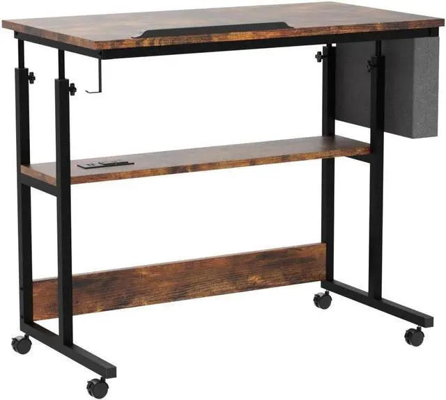 Alt view image 4 of 7 - Height Adjustable Table with Charging Station, Portable Desk with Wheels, Small Standing Rolling Computer Desk with Tiltable Tabletop and Storage Bag, Brown