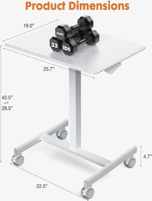 Alt view image 2 of 7 - Small Mobile Rolling Standing Desk - Overbed Table, Teacher Podium with Wheels, Adjustable Work Table, Rolling Desk Laptop Computer Cart for Home, Office, Classroom
