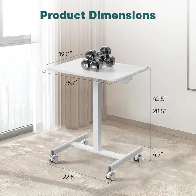 Alt view image 3 of 6 - Adjustable Small Rolling Desk, White Mobile Standing Desk with Wheels Portable Workstation Rolling Computer Desk for Small Spaces