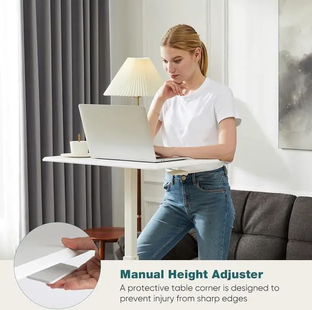 Alt view image 6 of 6 - Adjustable Small Rolling Desk, White Mobile Standing Desk with Wheels Portable Workstation Rolling Computer Desk for Small Spaces