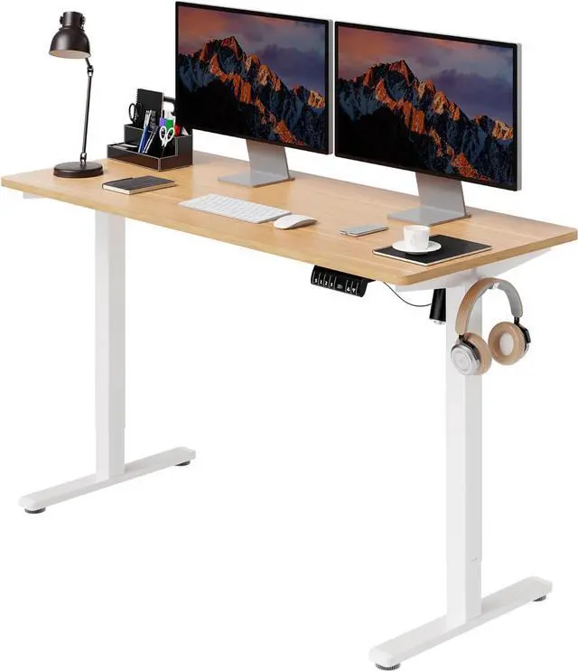 Main image of Electric Height Adjustable Standing Desk, 55 * 24 Inchs Stand Up Computer Desk, Sit Stand Work Desk for Home Office with Splice Board, (White Frame + Walnut Top)