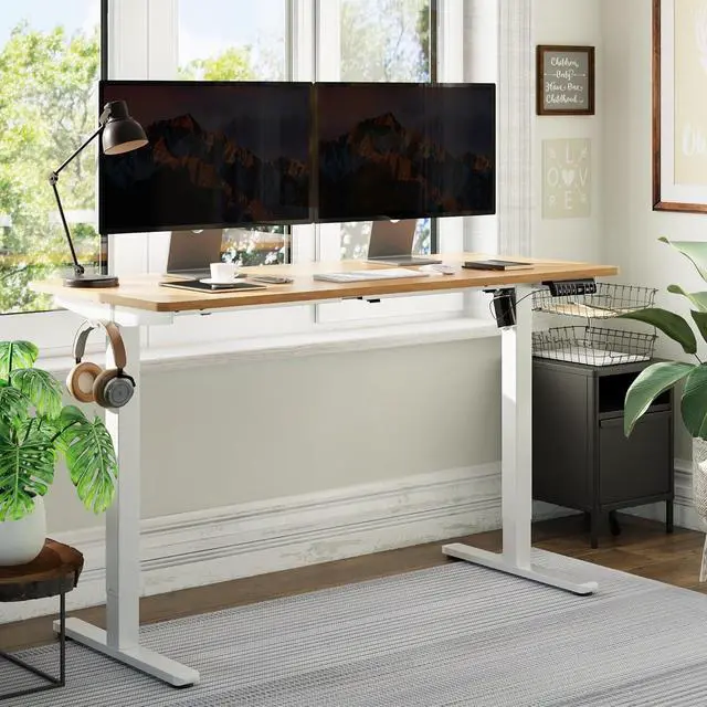 Alt view image 2 of 7 - Electric Height Adjustable Standing Desk, 55 * 24 Inchs Stand Up Computer Desk, Sit Stand Work Desk for Home Office with Splice Board, (White Frame + Walnut Top)