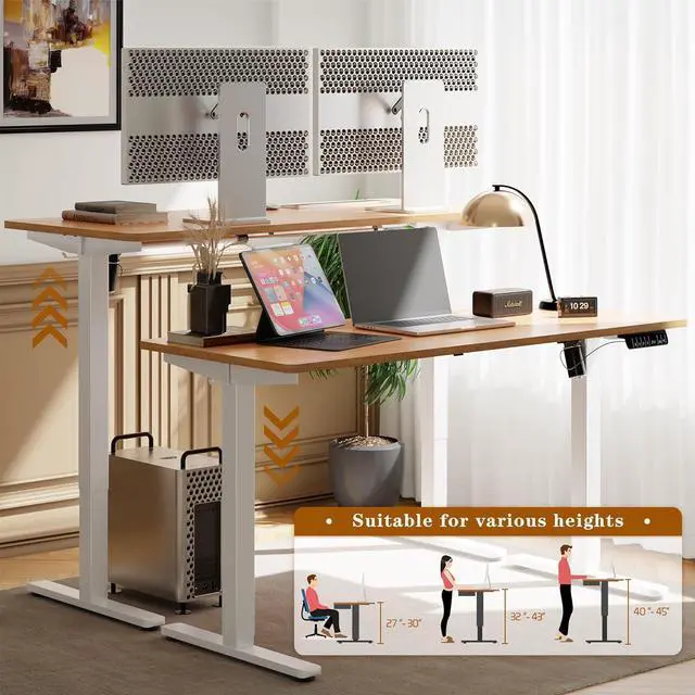 Alt view image 6 of 7 - Electric Height Adjustable Standing Desk, 55 * 24 Inchs Stand Up Computer Desk, Sit Stand Work Desk for Home Office with Splice Board, (White Frame + Walnut Top)