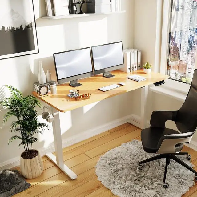 Alt view image 7 of 7 - Electric Height Adjustable Standing Desk, 55 * 24 Inchs Stand Up Computer Desk, Sit Stand Work Desk for Home Office with Splice Board, (White Frame + Walnut Top)