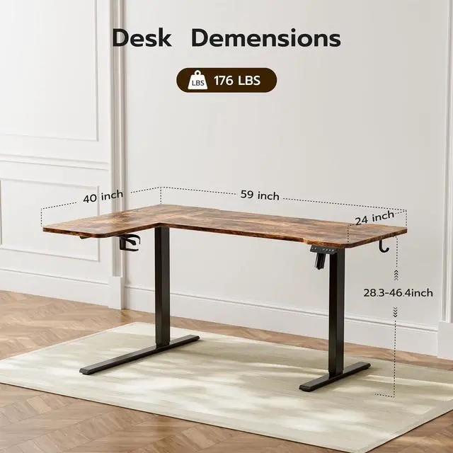 Alt view image 3 of 7 - 59" Reversiable L-Shaped Electric Standing Desk Adjustable Height Gaming Stand Up Corner Desk Sit Stand Home Office Computer Desk with Splice Board,Rustic Brown Top