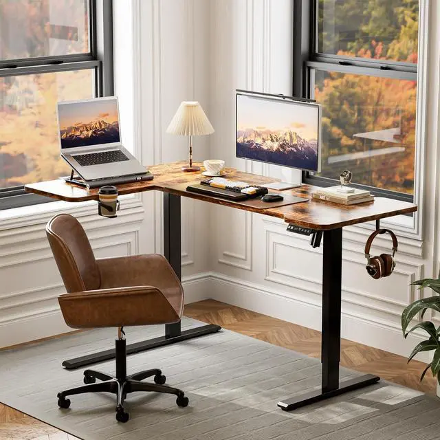 Alt view image 2 of 7 - 59" Reversiable L-Shaped Electric Standing Desk Adjustable Height Gaming Stand Up Corner Desk Sit Stand Home Office Computer Desk with Splice Board,Rustic Brown Top