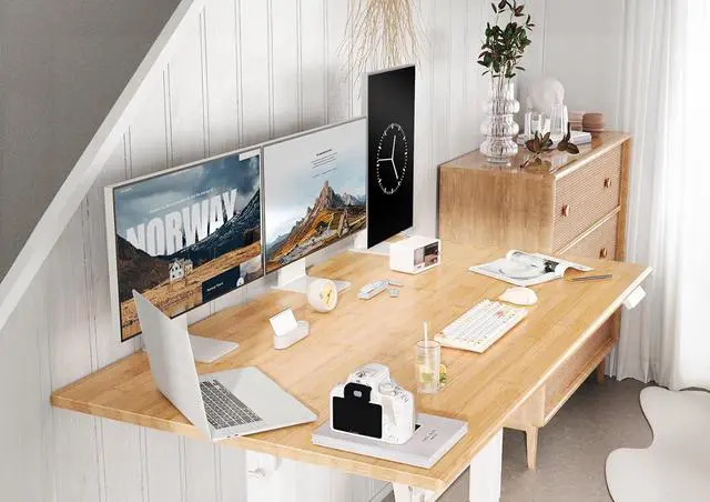 Alt view image 2 of 7 - Bamboo Electric Standing Desk, 55x24 Inches Adjustable Height Stand up Desk with Whole Piece Desktop, Sit Stand Home Office Desk White Frame/Bamboo Top