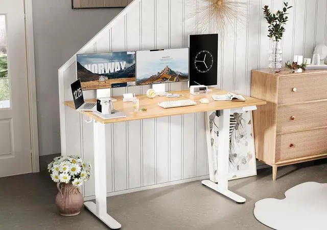 Alt view image 5 of 7 - Bamboo Electric Standing Desk, 55x24 Inches Adjustable Height Stand up Desk with Whole Piece Desktop, Sit Stand Home Office Desk White Frame/Bamboo Top