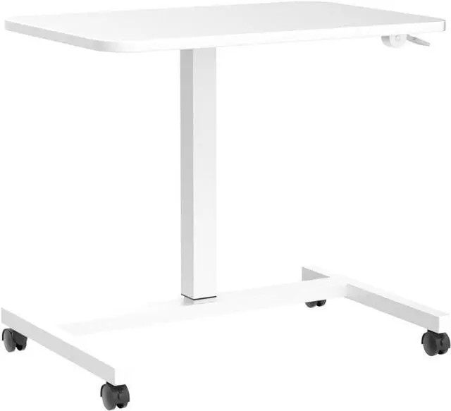 Alt view image 5 of 7 - Mobile Laptop Desk Pneumatic Sit to Stand Table Height Adjustable Rolling Cart with Lockable Wheels for Home Office Computer Workstation 28" x 19" White Round Edge Design Elegant