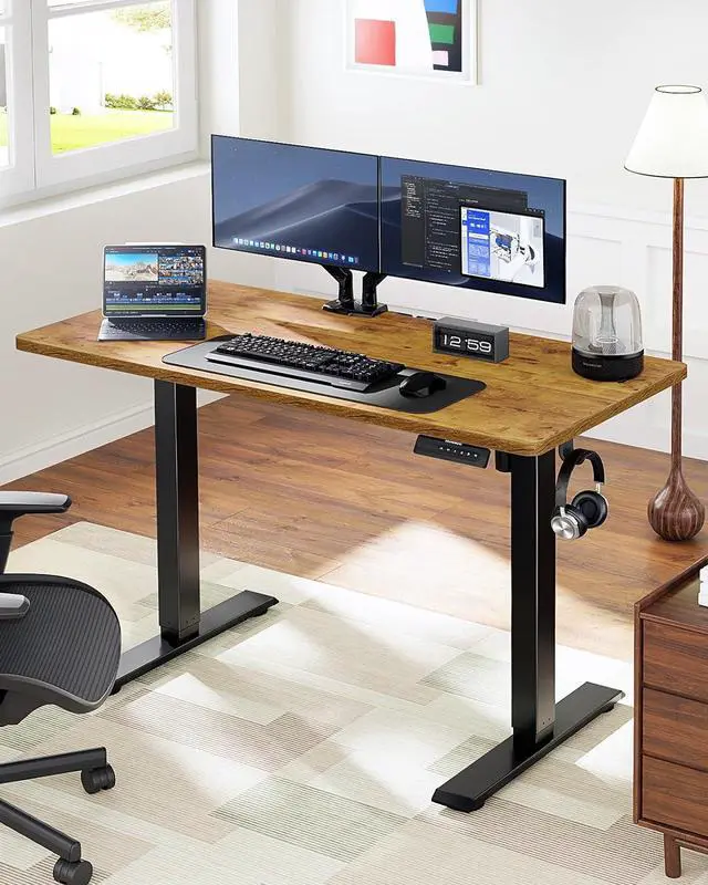 Alt view image 2 of 7 - Electric Standing Desk Adjustable Height, 48" x 24" Sit Stand Home Office Desk, 4 Memory Height Setting, Computer Workstation, Vintage Brown