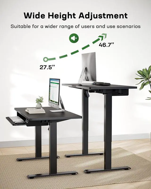 Alt view image 4 of 7 - Standing Desk Adjustable Height with Extra Large Keyboard Tray, Electic Adjustable Desk with 4 Memory Presets Cable Management 2 Storage Hooks, Sit Stand Up Desk for Home Office