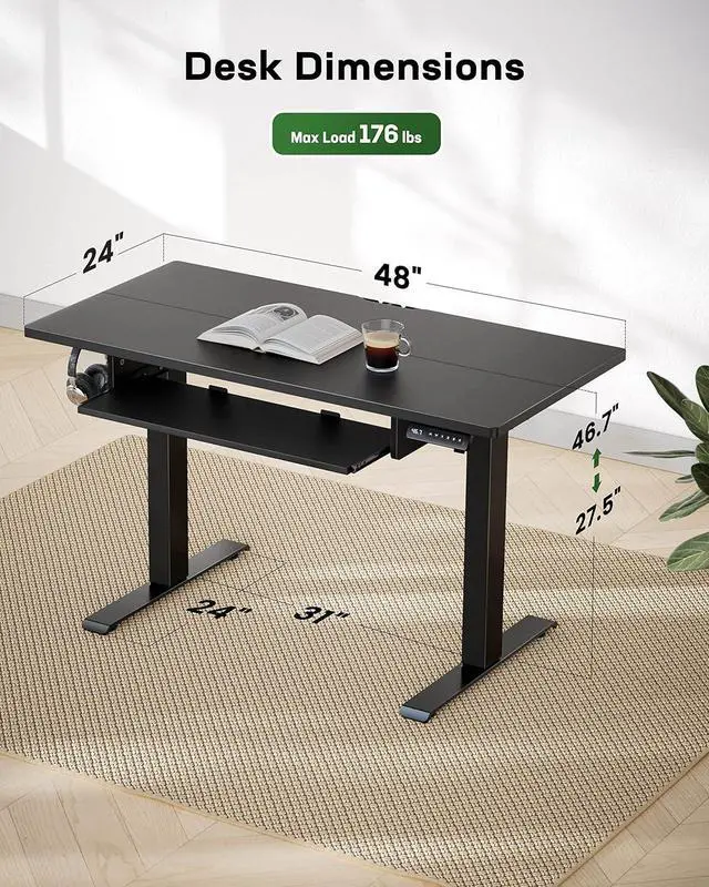 Alt view image 7 of 7 - Standing Desk Adjustable Height with Extra Large Keyboard Tray, Electic Adjustable Desk with 4 Memory Presets Cable Management 2 Storage Hooks, Sit Stand Up Desk for Home Office