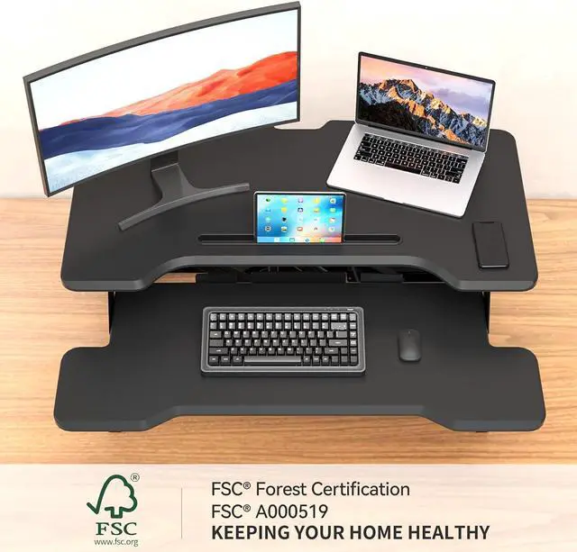 Alt view image 3 of 7 - Standing Desk Converter 30 Inches Stand up Desk Riser, Height Adjustable Dual Tier Sit Stand Tabletop Monitor Riser Workstation for Home Office with Deep Keyboard Tray for Laptop