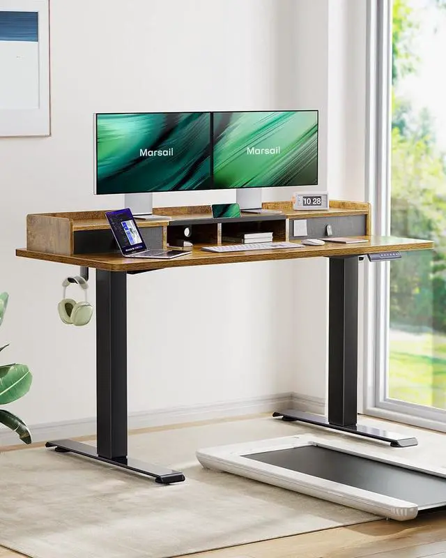 Alt view image 2 of 7 - Electric Standing Desk with Dual Drawers, 48 x 24 Inches Height Adjustable Desk with Storage Shelf, Sit Stand Desk with 4 Memory Preset, 2 Hooks, Stand Up Desk for Home Office, Rustic Brown