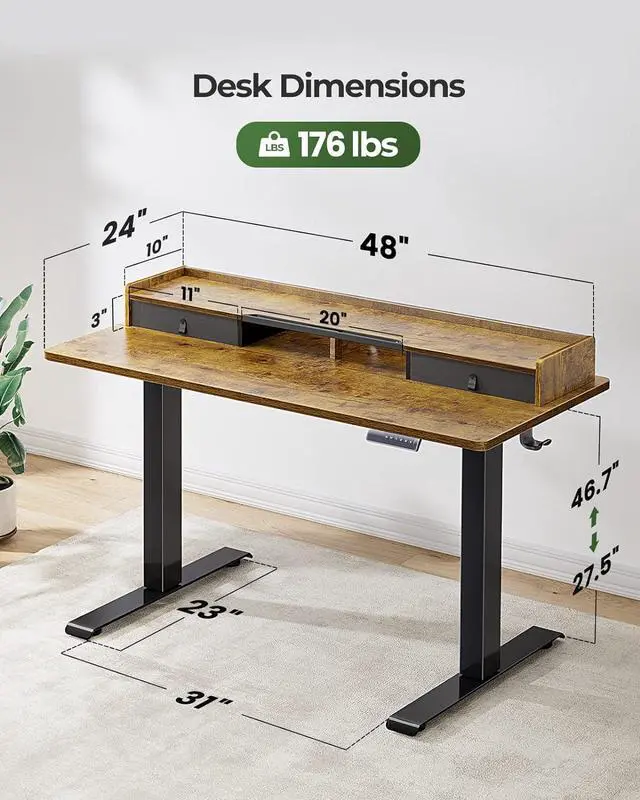 Alt view image 3 of 7 - Electric Standing Desk with Dual Drawers, 48 x 24 Inches Height Adjustable Desk with Storage Shelf, Sit Stand Desk with 4 Memory Preset, 2 Hooks, Stand Up Desk for Home Office, Rustic Brown