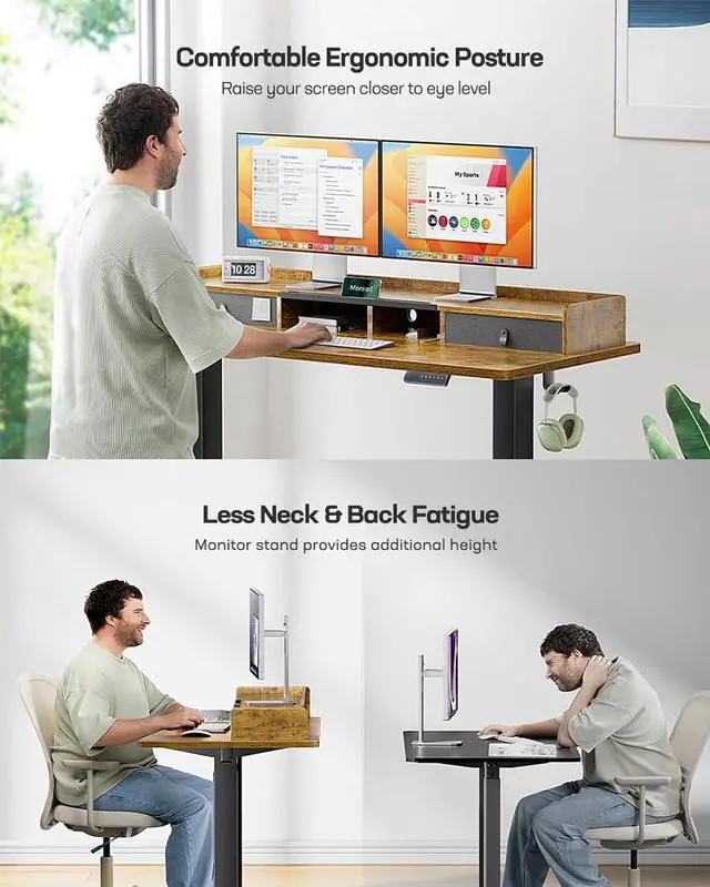 Alt view image 4 of 7 - Electric Standing Desk with Dual Drawers, 48 x 24 Inches Height Adjustable Desk with Storage Shelf, Sit Stand Desk with 4 Memory Preset, 2 Hooks, Stand Up Desk for Home Office, Rustic Brown