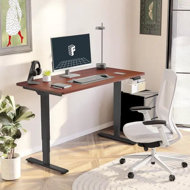 Alt view image 2 of 6 - Stand Up Desk 3 Stages Dual Motor Electric Standing Desk 48x30 Inch Whole-Piece Board Height Adjustable Desk Electric Sit Stand Desk(Black Frame + Mahogany Desktop, 2 Packages)