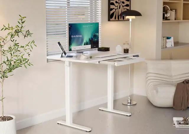 Alt view image 2 of 7 - Standing Desk with Drawers, 48 x 24 Inch Adjustable Height Stand Up Desk, Electric Sit Stand Computer Desk for Home Office, White
