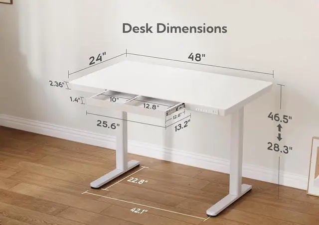 Alt view image 3 of 7 - Glass Standing Desk with Drawers, 48 x 24 Inch Electric Stand Up Desk with USB Ports, Adjustable Height Desk for Home Office, White