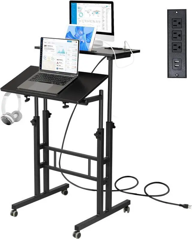 Main image of Mobile Standing Desk with Charging Station, Adjustable Standing Computer Desk, Standing Adjustable Laptop Cart with Wheels for Home Office Classroom Black