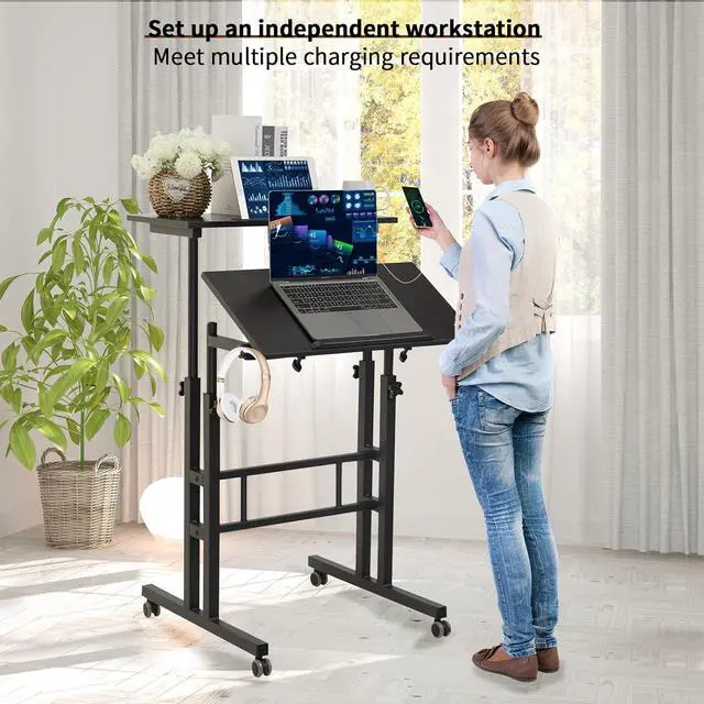 Alt view image 2 of 6 - Mobile Standing Desk with Charging Station, Adjustable Standing Computer Desk, Standing Adjustable Laptop Cart with Wheels for Home Office Classroom Black