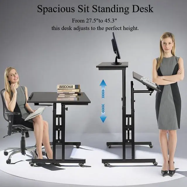 Alt view image 4 of 6 - Mobile Standing Desk with Charging Station, Adjustable Standing Computer Desk, Standing Adjustable Laptop Cart with Wheels for Home Office Classroom Black