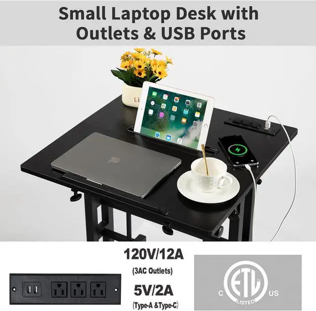 Alt view image 3 of 6 - Mobile Standing Desk with Charging Station, Adjustable Standing Computer Desk, Standing Adjustable Laptop Cart with Wheels for Home Office Classroom Black