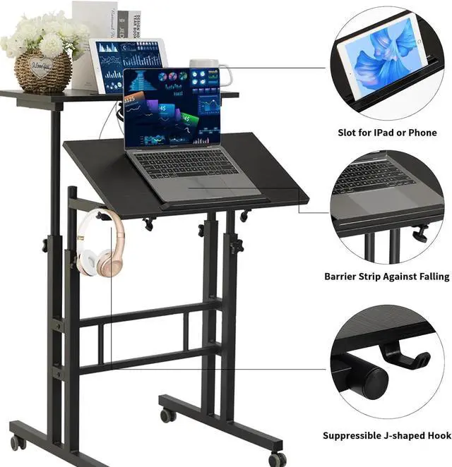 Alt view image 6 of 6 - Mobile Standing Desk with Charging Station, Adjustable Standing Computer Desk, Standing Adjustable Laptop Cart with Wheels for Home Office Classroom Black