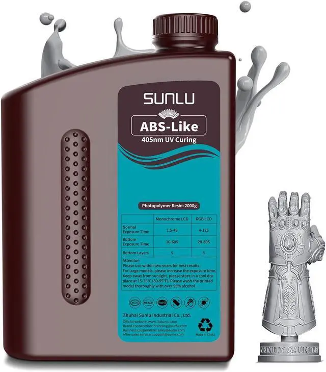 Main image of SUNLU 2000G ABS Like Resin For 3D Printer, 405nm UV Curing Photopolymer Rapid 3D Resin For 2K 4K 6K 8K LCD/DLP/SLA 3D Printers, Non-Brittle & High Precision & Low Shrinkage, 2KG, Grey