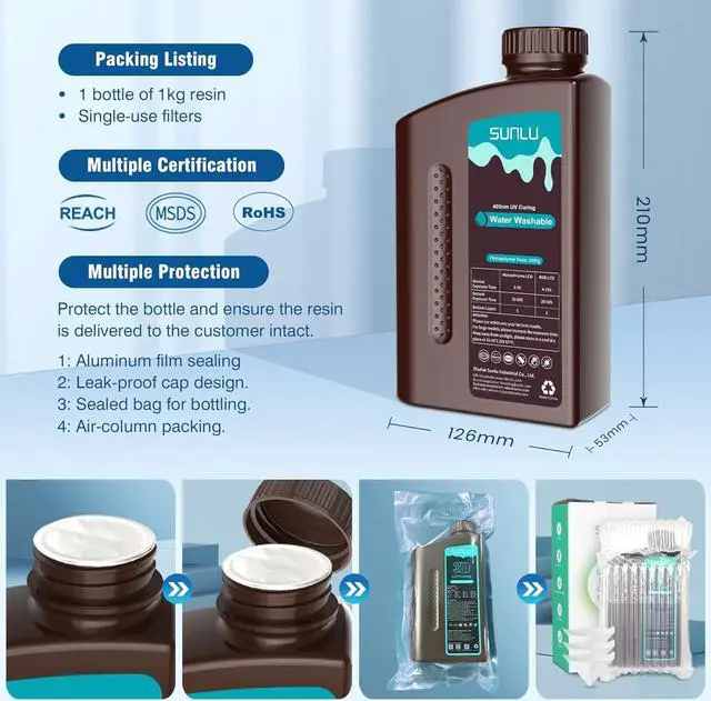 Alt view image 6 of 7 - SUNLU Water Washable Resin 1000g, Fast Curing 3D Printer Resin for LCD DLP SLA Resin 3D Printers, 395 to 405nm UV Curing 3D Printing Liquid Photopolymer Resin, Low Shrinkage, High Precision, 1kg, Grey